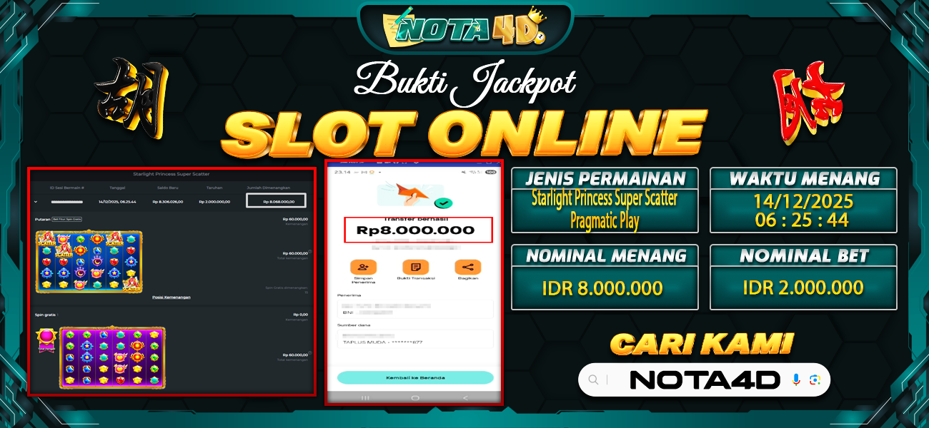 Bukti Kemenangan Besar Dibayar lunas Member NOTA4D RP 8.000.000, 15 Desember 2025