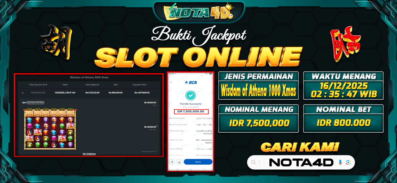 Bukti Kemenangan Besar Dibayar lunas Member NOTA4D RP 7.500.000, 16 Desember 2025